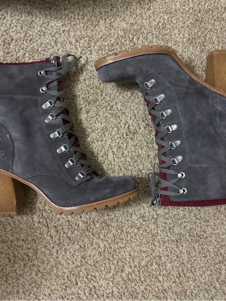 Ugg Gray Suede Lace-Up Block Heel Boots With Burgundy Trim
